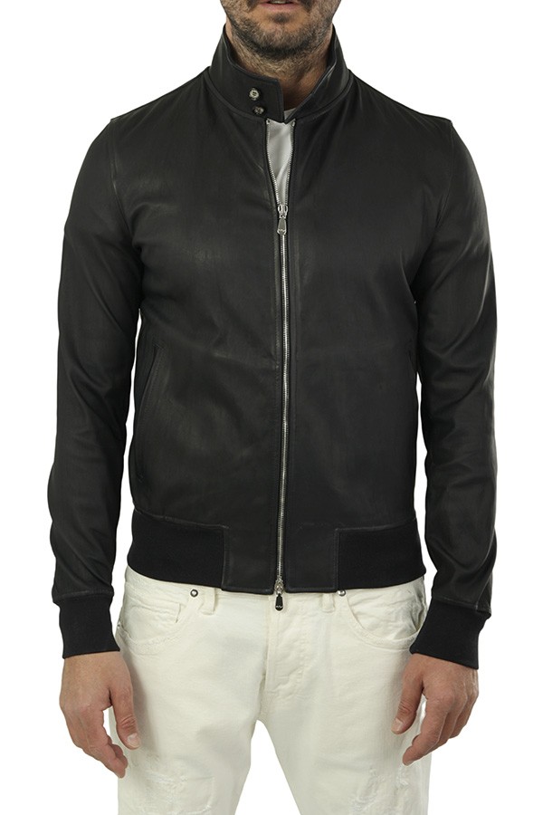 Short jacket VOLFAGLI 100% Blu Notte leather slim fit