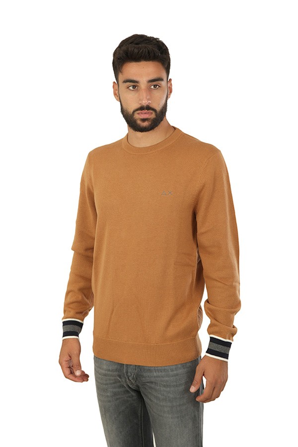 Sweater SUN68 Crew Neck Cuffs Stripes Camel