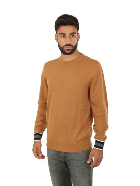 Sweater SUN68 Crew Neck Cuffs Stripes Camel