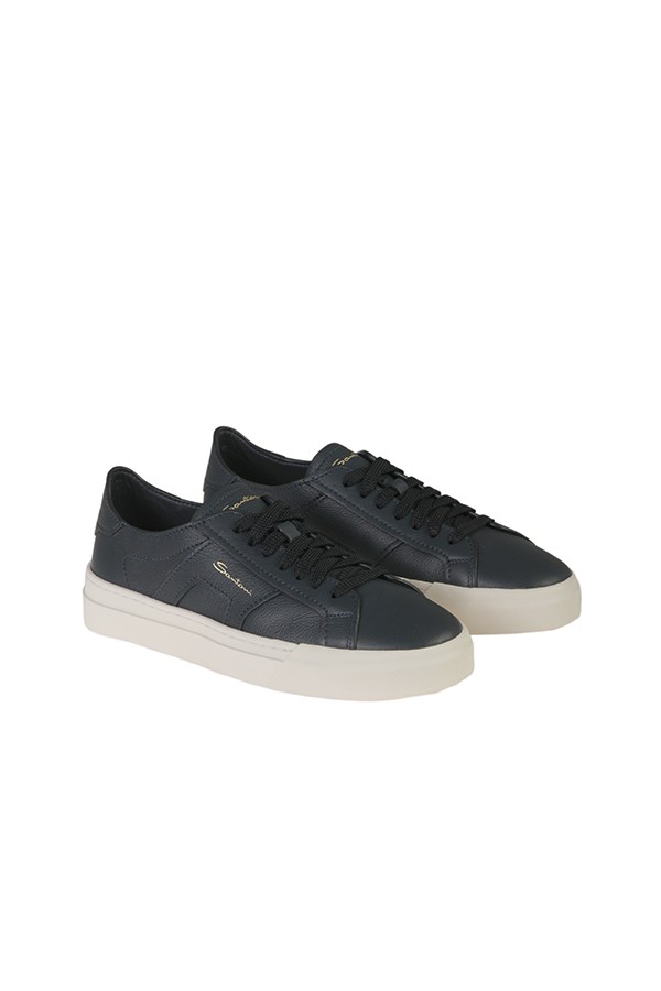 Santoni Double Buckle Sneakers in Blue Tumbled Leather