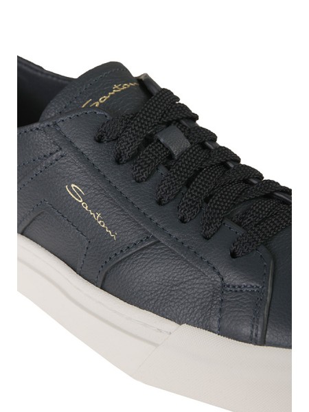 Santoni Double Buckle Sneakers in Blue Tumbled Leather