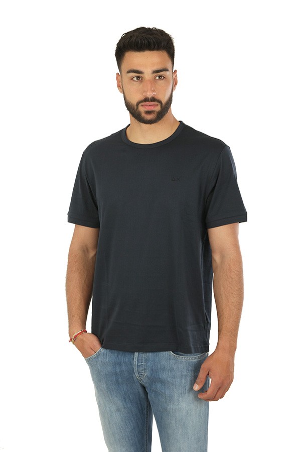 SUN68 Round Solid Navy Blue T-shirt