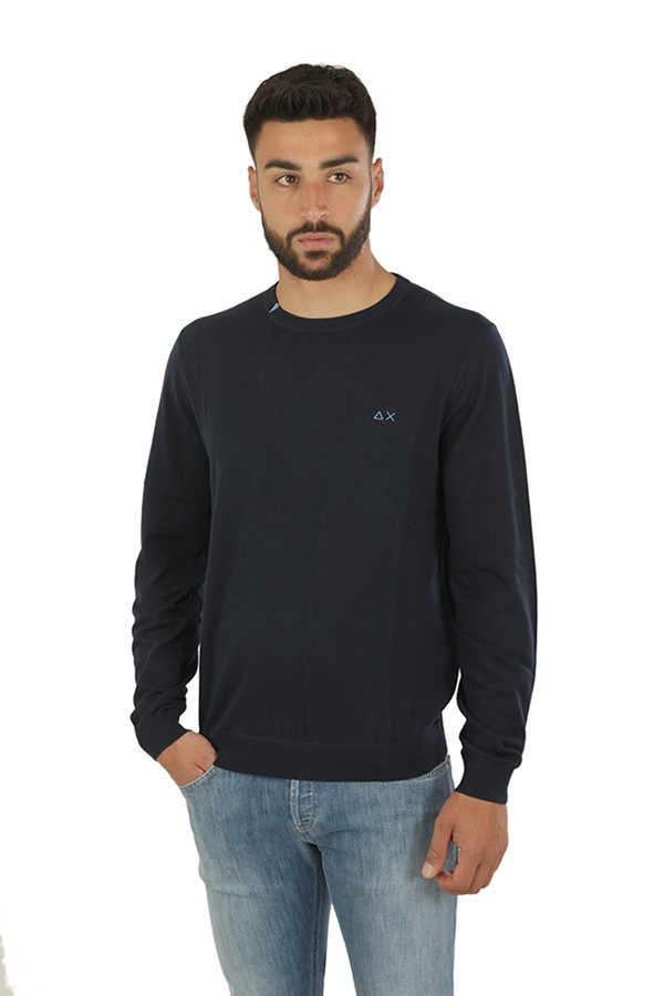 Round SUN68 Neck Solid Round Neck Sweater Navy Blue