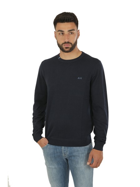 Round SUN68 Neck Solid Round Neck Sweater Navy Blue