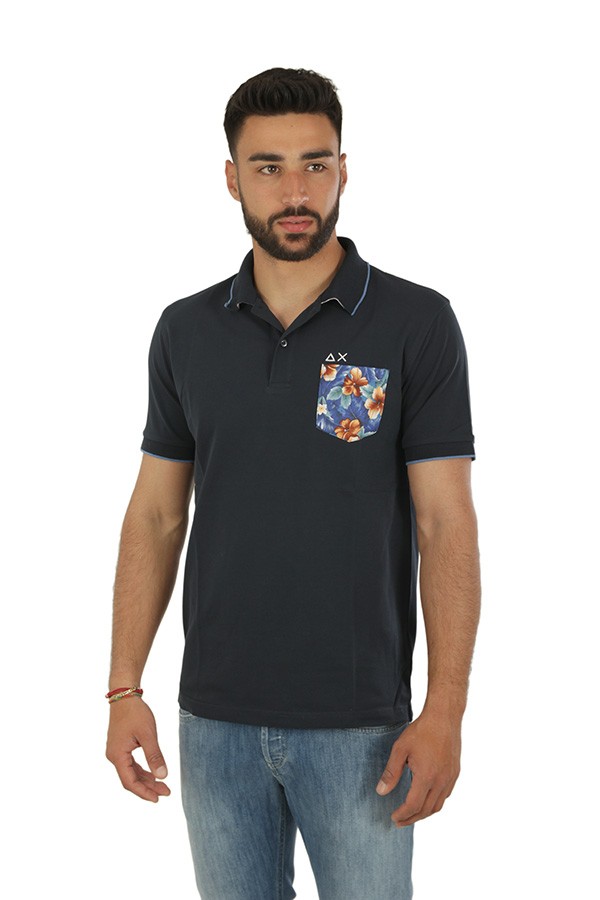 SUN68 Print Pocket Polo Shirt Navy Blue