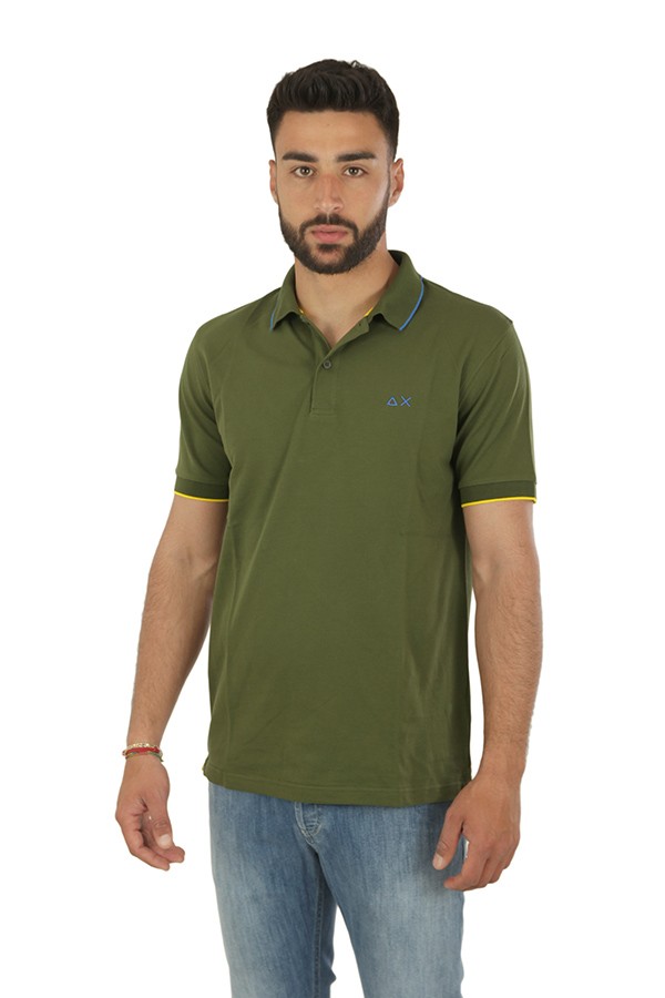 SUN68 Small Stripes on Collar Polo Shirt Dark Green