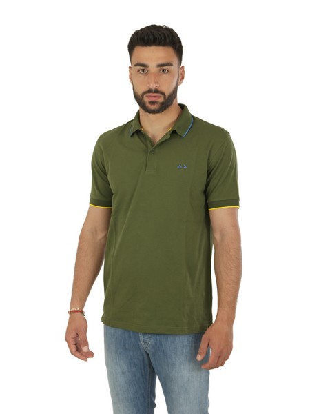 SUN68 Small Stripes on Collar Polo Shirt Dark Green