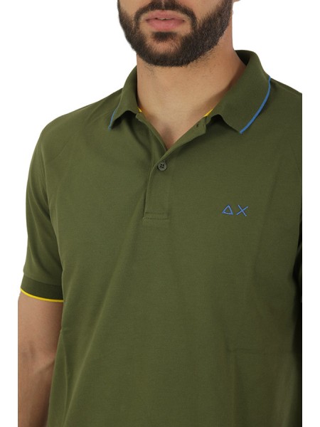 SUN68 Small Stripes on Collar Polo Shirt Dark Green