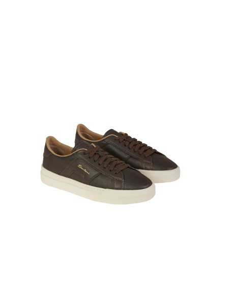 Santoni Double Buckle Sneakers in Dark Brown Tumbled Leather