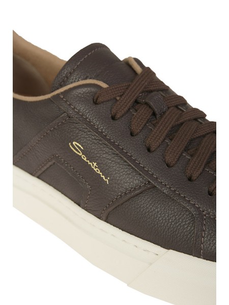 Santoni Double Buckle Sneakers in Dark Brown Tumbled Leather